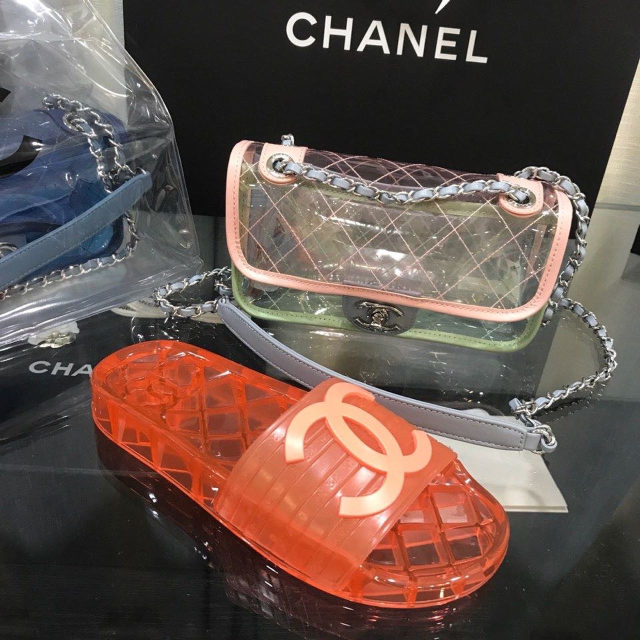 Chanel Glossy Transparent CC Logo PVC Pool Mules/Slides Spring/Summer Collection, Red