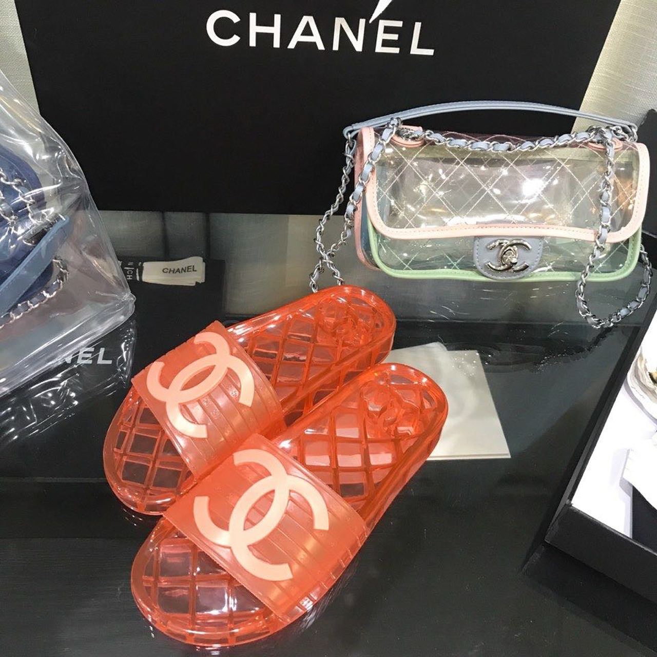 Chanel Glossy Transparent CC Logo PVC Pool Mules/Slides Spring/Summer Collection, Red