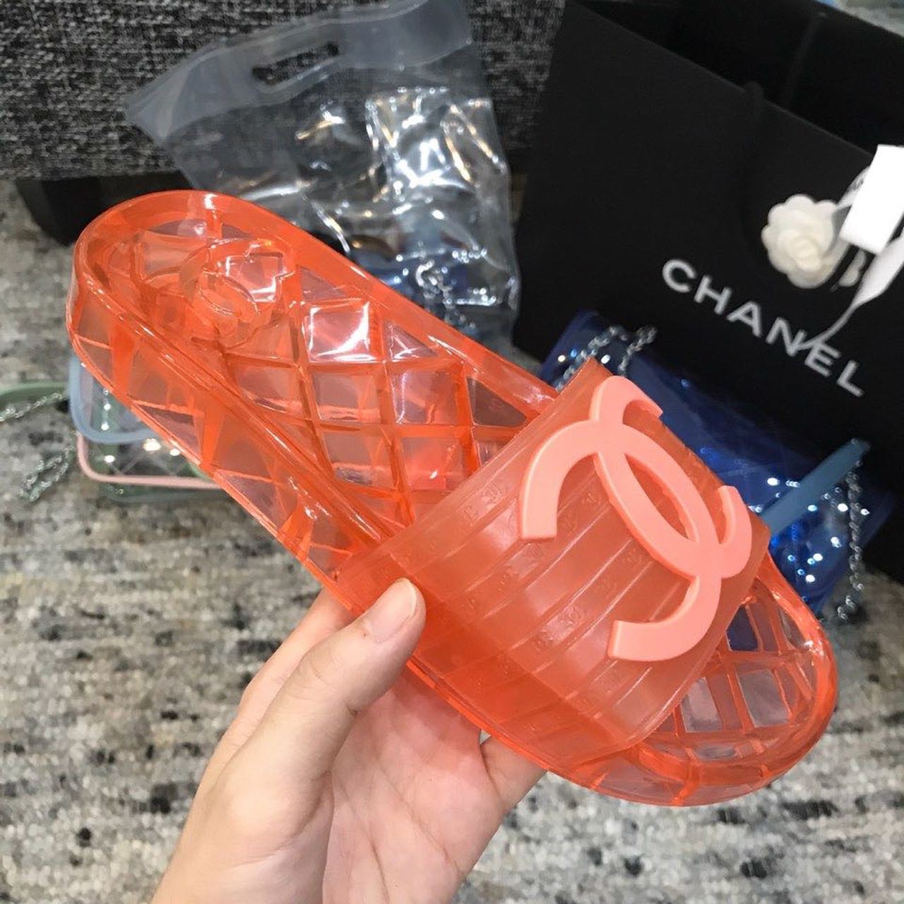 Chanel Glossy Transparent CC Logo PVC Pool Mules/Slides Spring/Summer Collection, Red