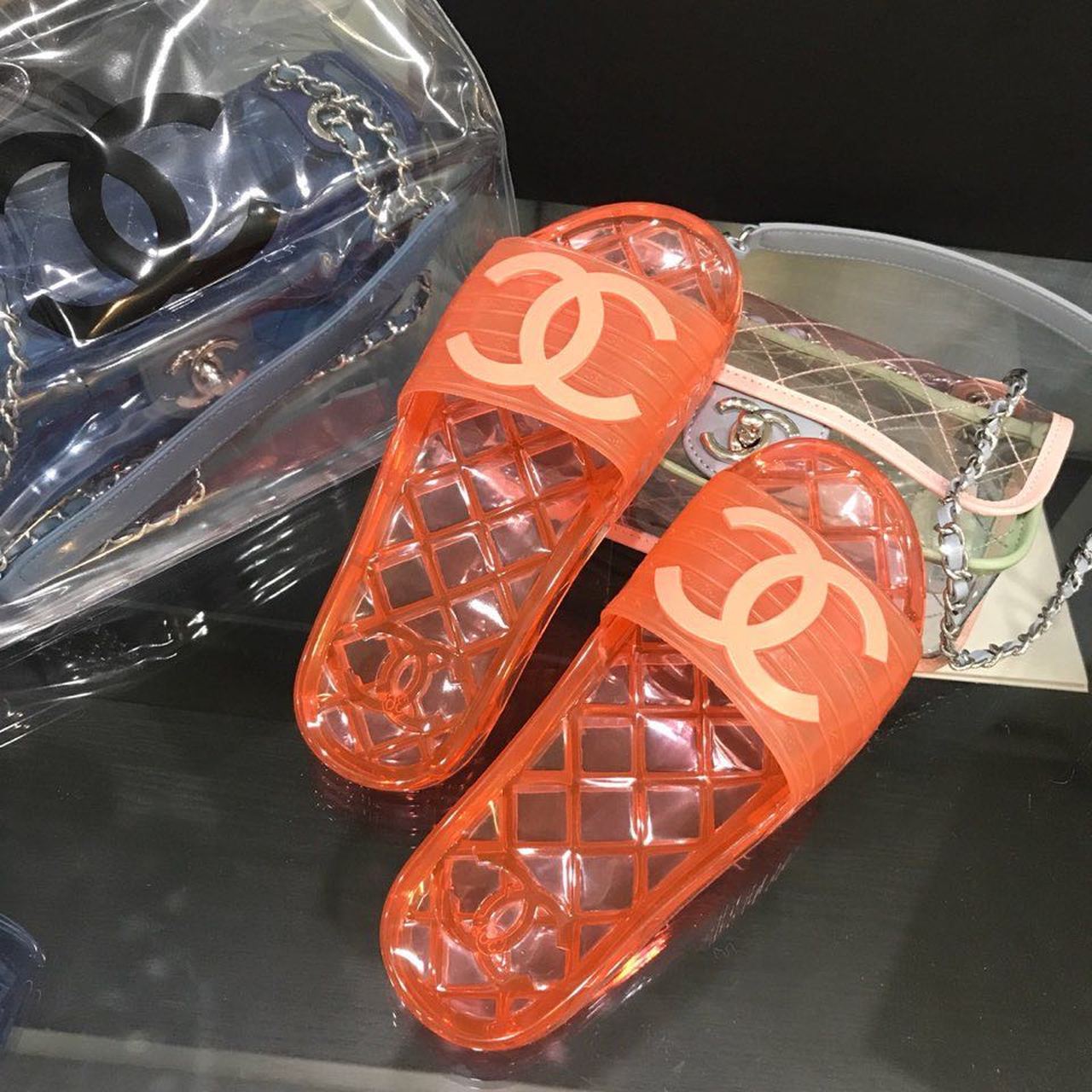 Chanel Glossy Transparent CC Logo PVC Pool Mules/Slides Spring/Summer Collection, Red