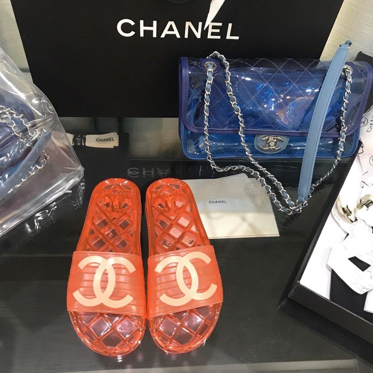 Chanel Glossy Transparent CC Logo PVC Pool Mules/Slides Spring/Summer Collection, Red