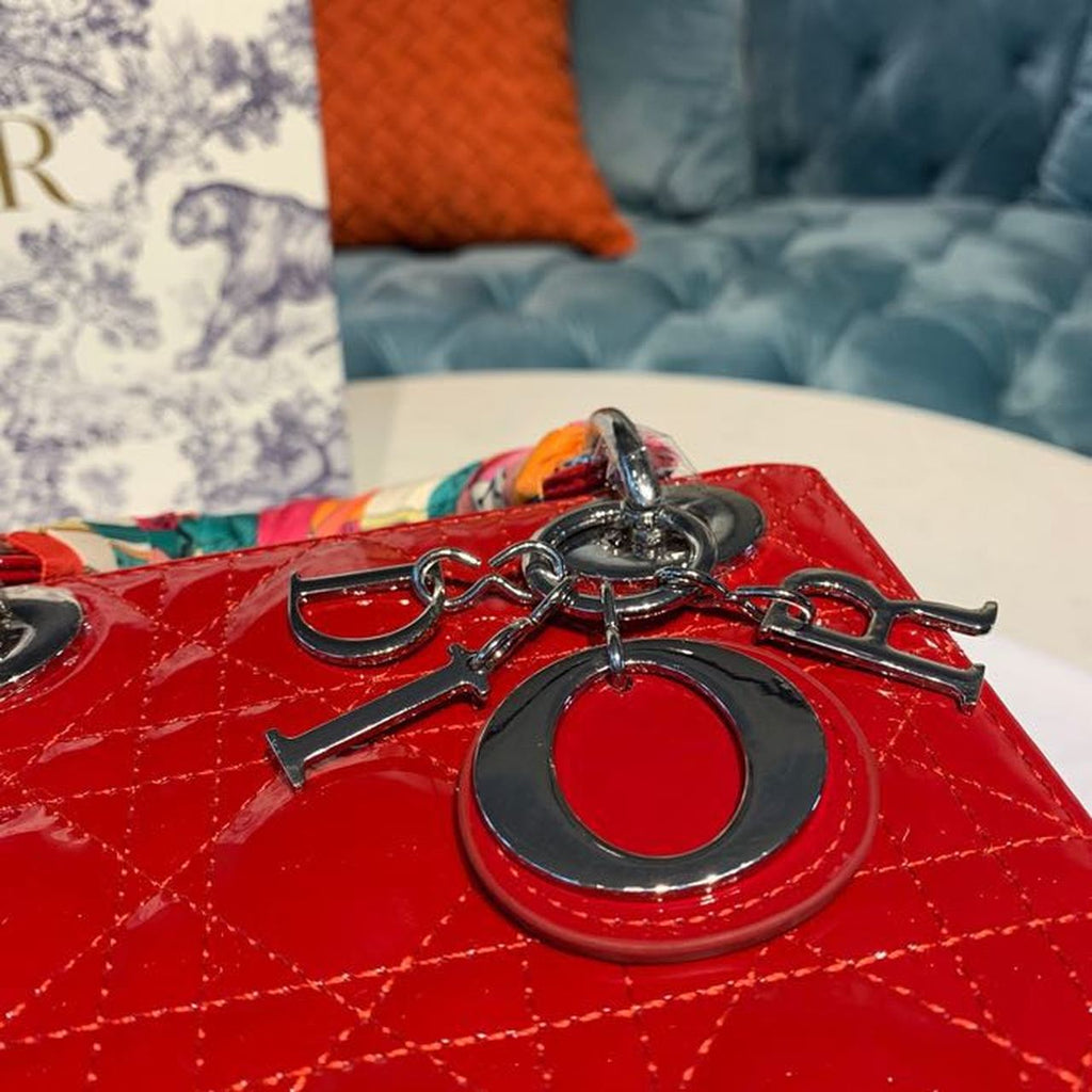Christian Dior Mini Lady Dior Bag 18cm with Chain Silver Hardware Patent Leather Spring/Summer Collection, Red