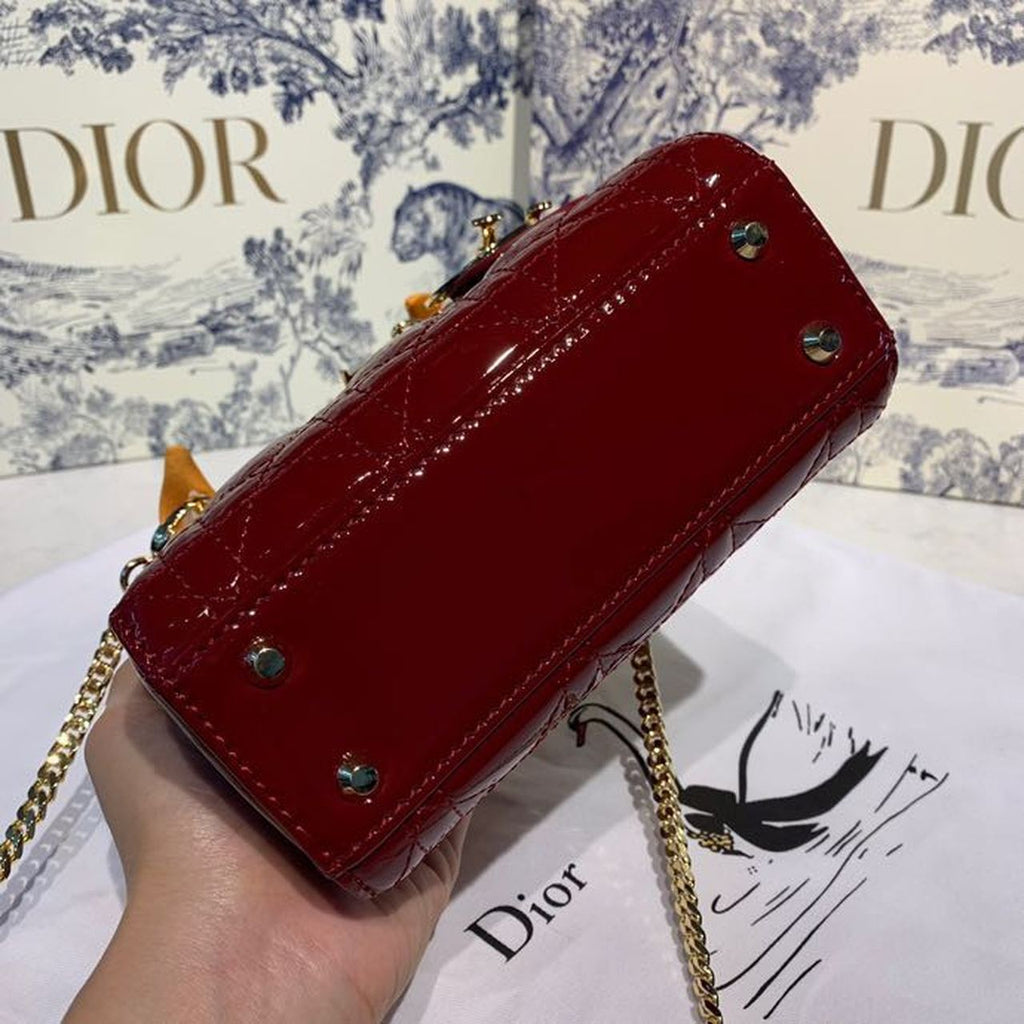 Christian Dior Mini Lady Dior Bag 18cm with Chain Gold Hardware Patent Leather Spring/Summer Collection, Burgundy
