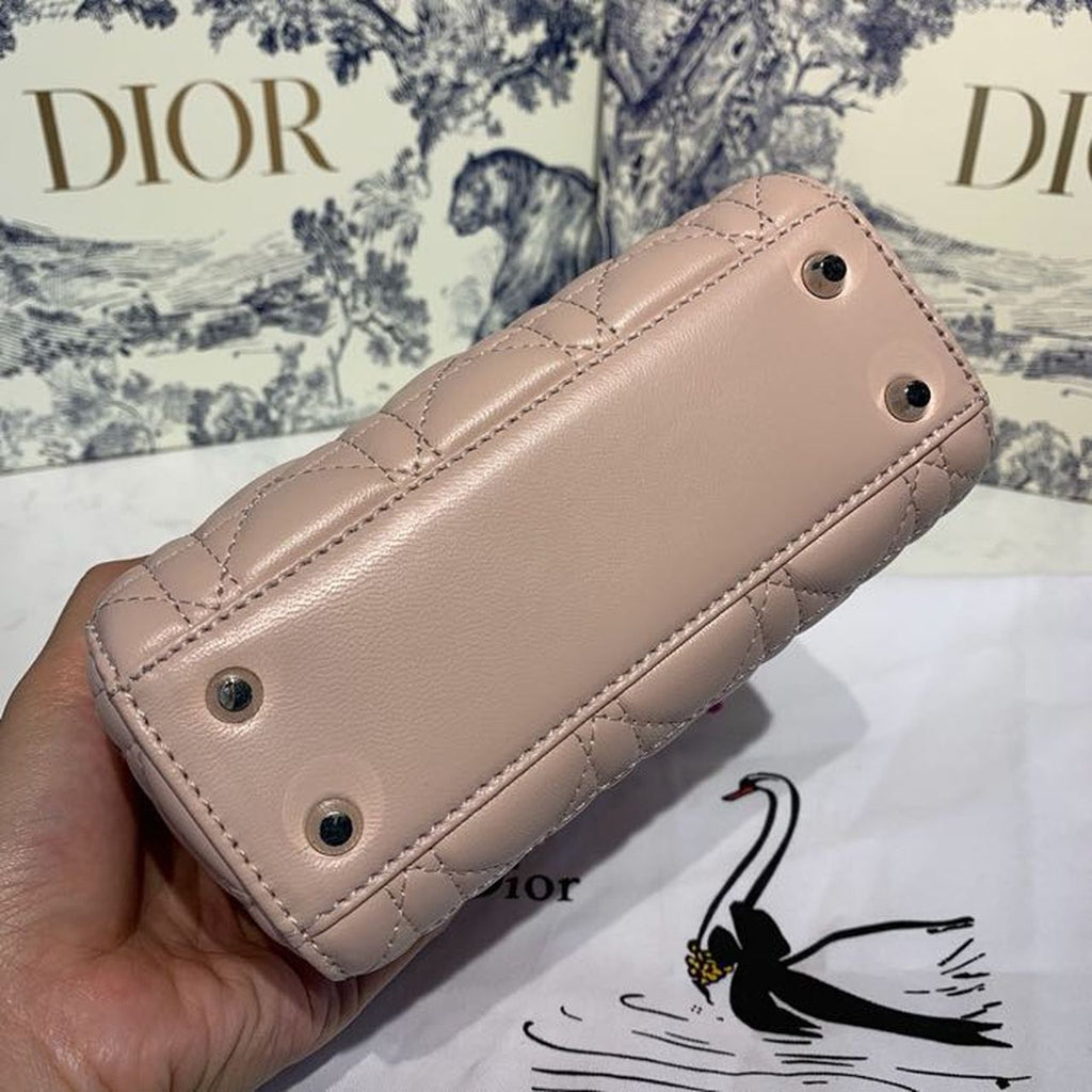 Christian Dior Mini Lady Dior Bag 18cm with Chain and Embellished Bag Strap Silver Hardware Lambskin Leather Spring/Summer Collection, Pink