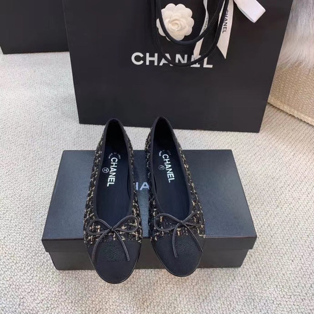 Chanel Ballerina Flats Tweed & Grosgrain Calfskin Leather Spring/Summer Collection Black/Gold