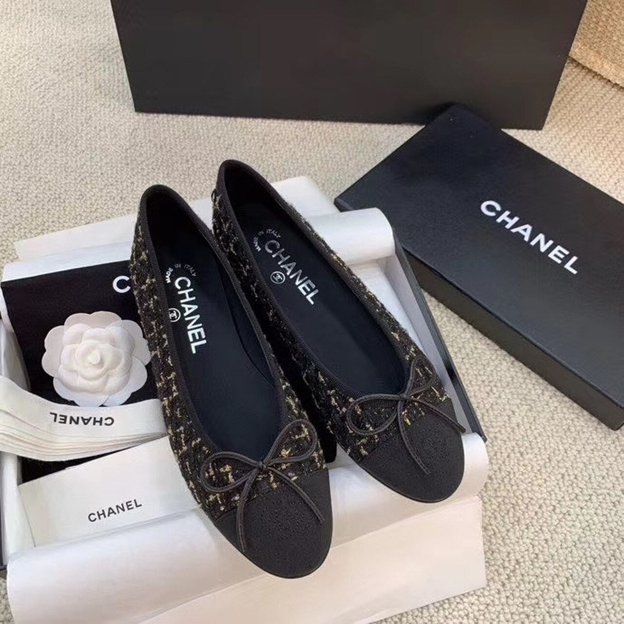 Chanel Ballerina Flats Tweed & Grosgrain Calfskin Leather Spring/Summer Collection Black/Gold