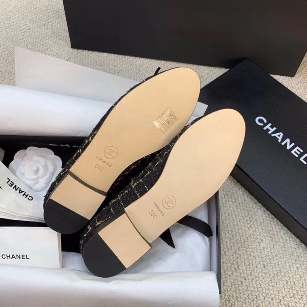 Chanel Ballerina Flats Tweed & Grosgrain Calfskin Leather Spring/Summer Collection Black/Gold