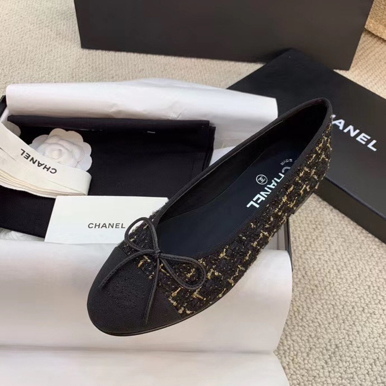 Chanel Ballerina Flats Tweed & Grosgrain Calfskin Leather Spring/Summer Collection Black/Gold