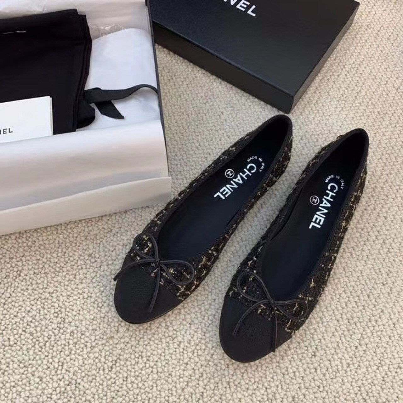 Chanel Ballerina Flats Tweed & Grosgrain Calfskin Leather Spring/Summer Collection Black/Gold