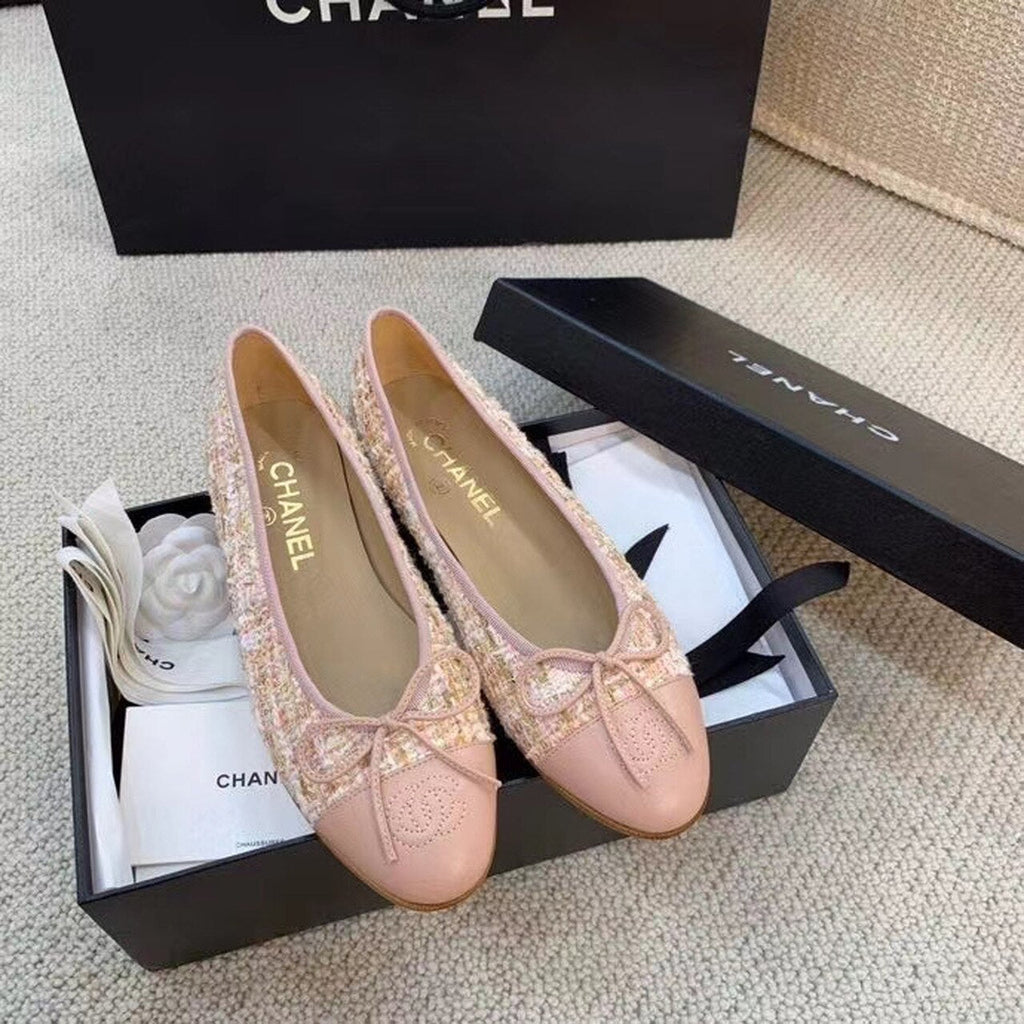 Chanel Ballerina Flats Tweed & Grosgrain Calfskin Leather Spring/Summer Collection, Light Pink