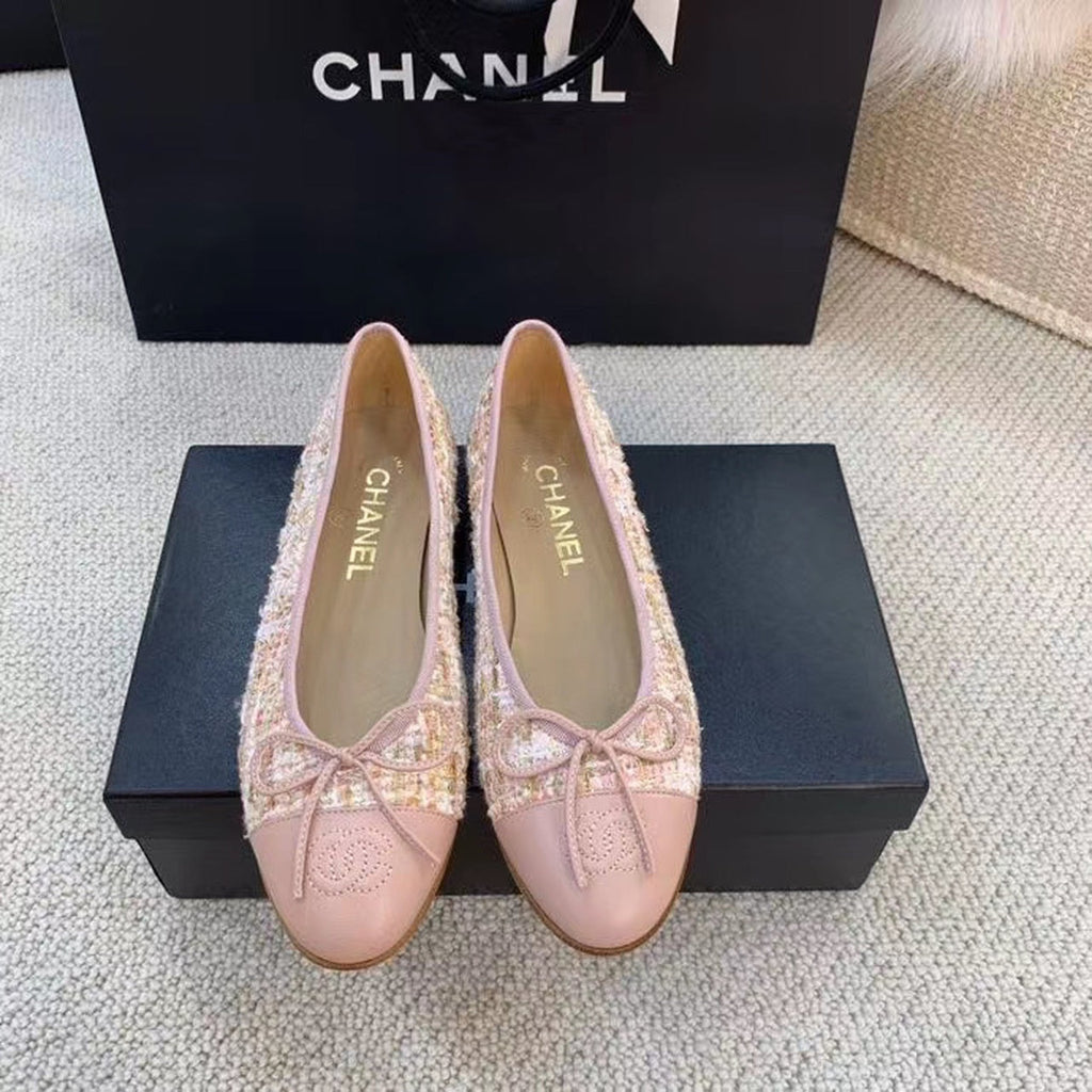 Chanel Ballerina Flats Tweed & Grosgrain Calfskin Leather Spring/Summer Collection, Light Pink
