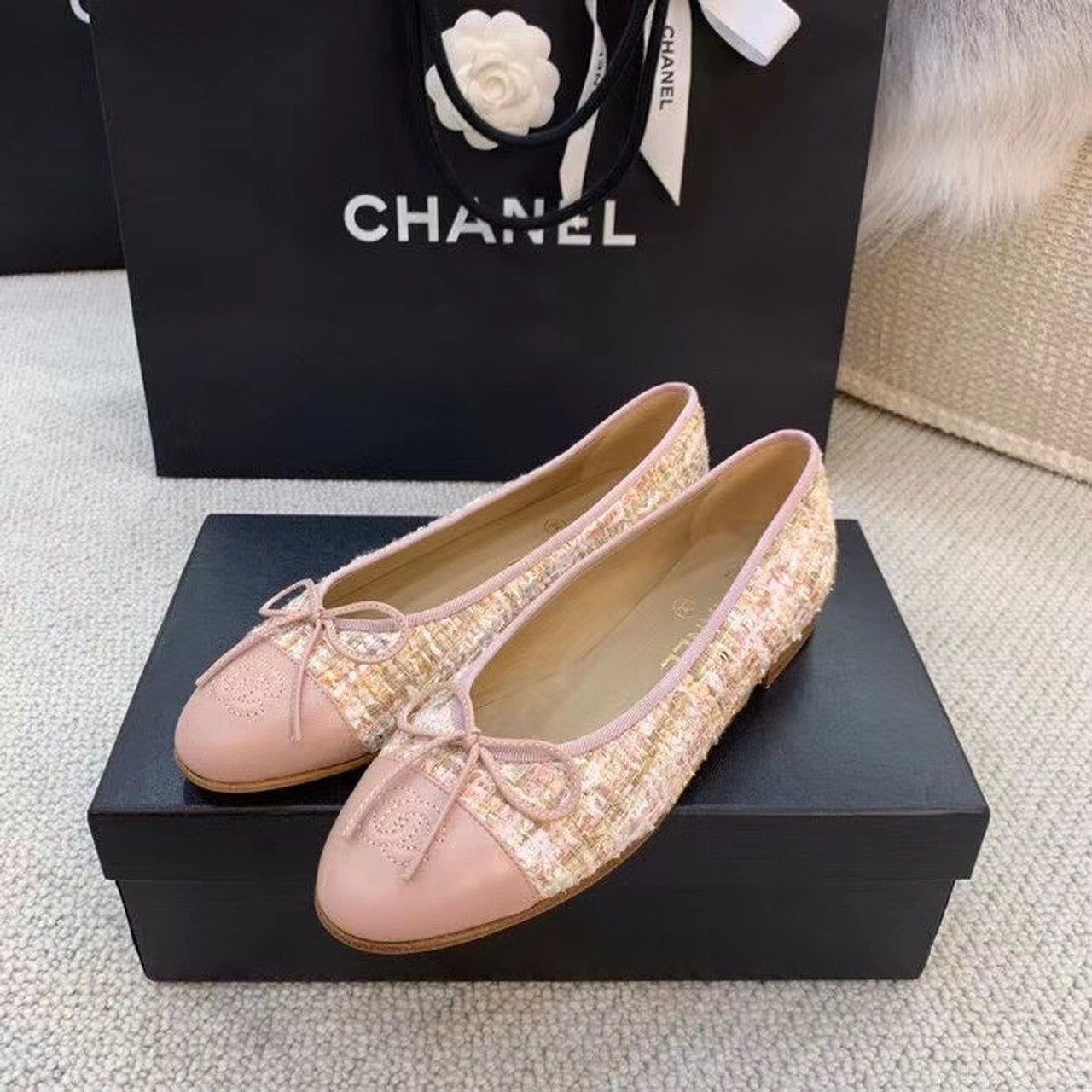 Chanel Ballerina Flats Tweed & Grosgrain Calfskin Leather Spring/Summer Collection, Light Pink