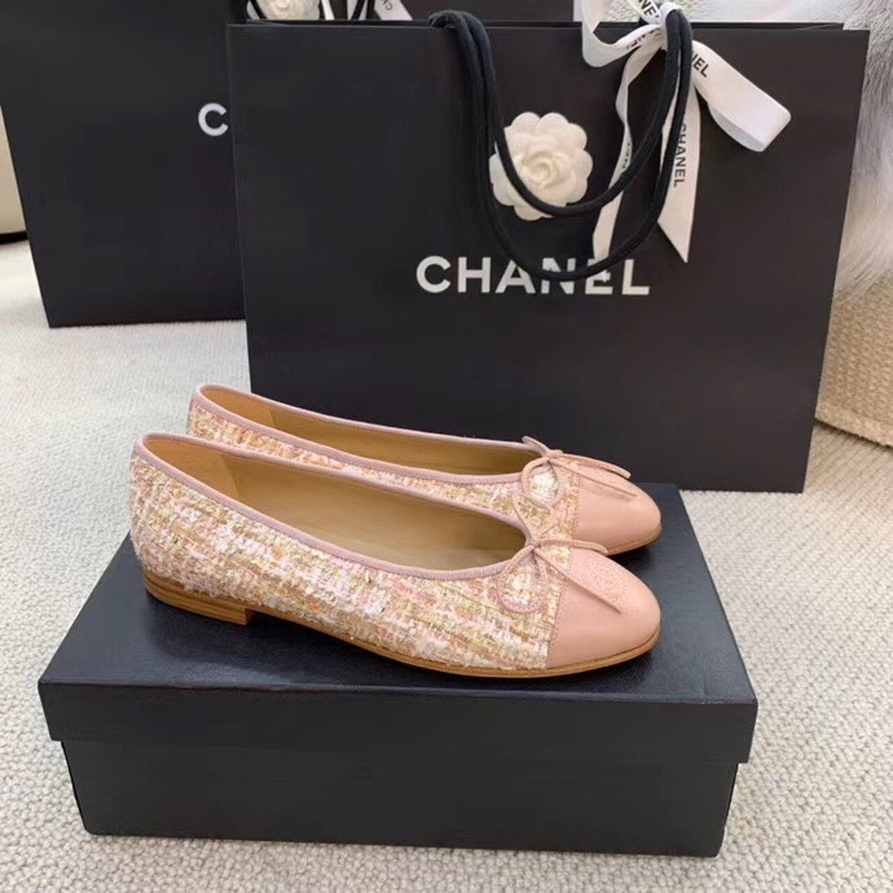 Chanel Ballerina Flats Tweed & Grosgrain Calfskin Leather Spring/Summer Collection, Light Pink