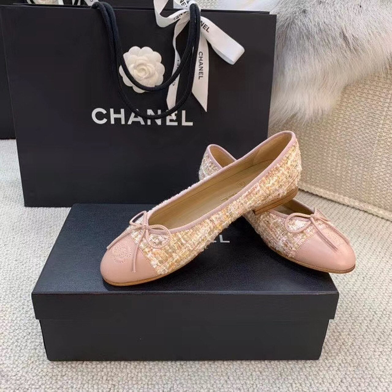 Chanel Ballerina Flats Tweed & Grosgrain Calfskin Leather Spring/Summer Collection, Light Pink
