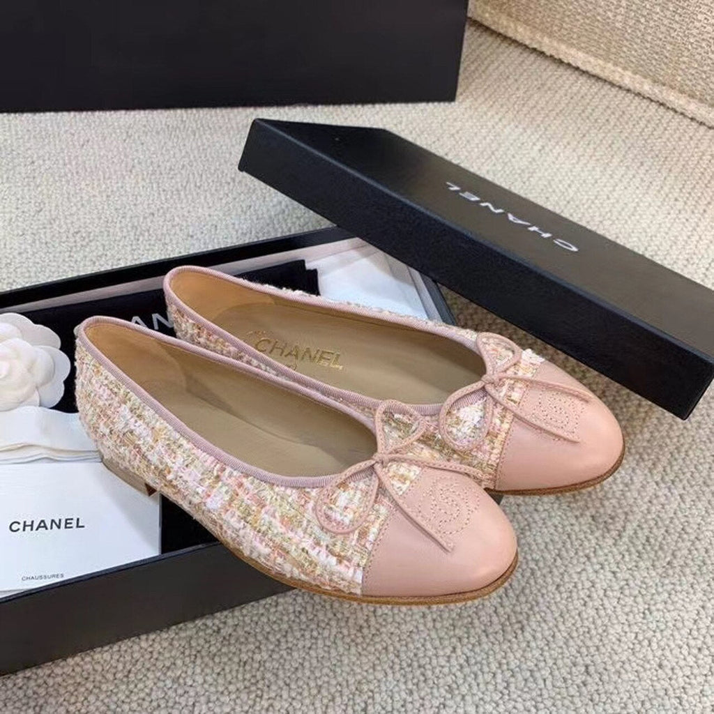 Chanel Ballerina Flats Tweed & Grosgrain Calfskin Leather Spring/Summer Collection, Light Pink