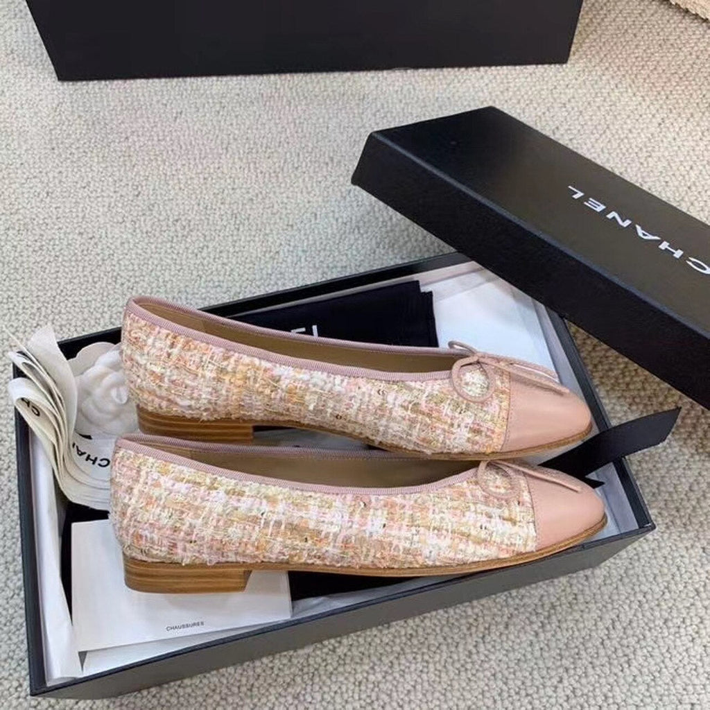 Chanel Ballerina Flats Tweed & Grosgrain Calfskin Leather Spring/Summer Collection, Light Pink