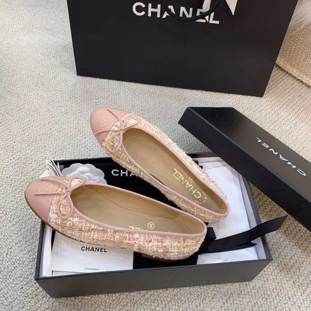 Chanel Ballerina Flats Tweed & Grosgrain Calfskin Leather Spring/Summer Collection, Light Pink