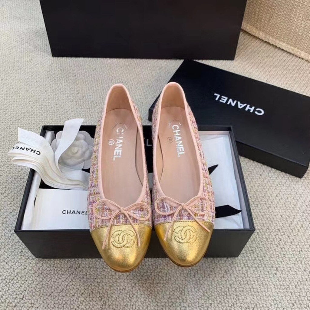 Chanel Ballerina Flats Tweed & Grosgrain Calfskin Leather Spring/Summer Collection Light Pink/Gold