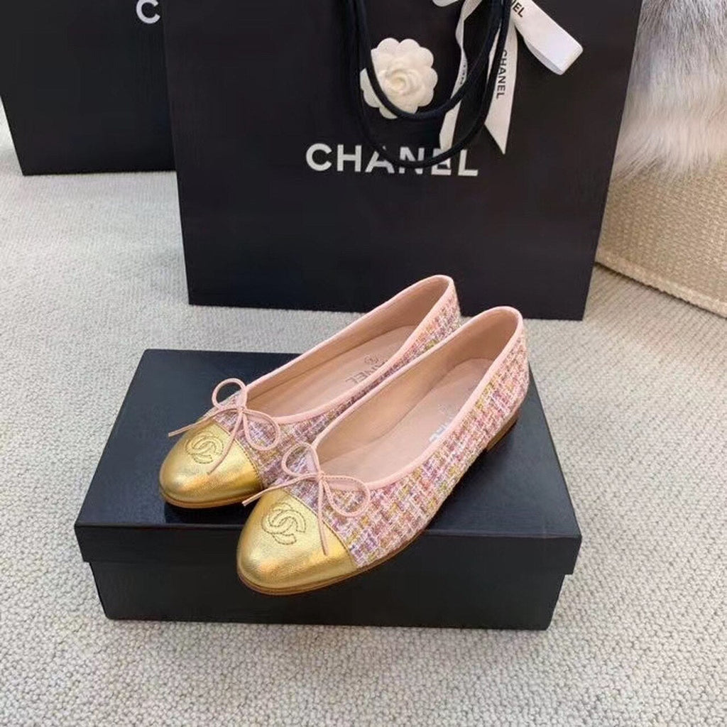 Chanel Ballerina Flats Tweed & Grosgrain Calfskin Leather Spring/Summer Collection Light Pink/Gold