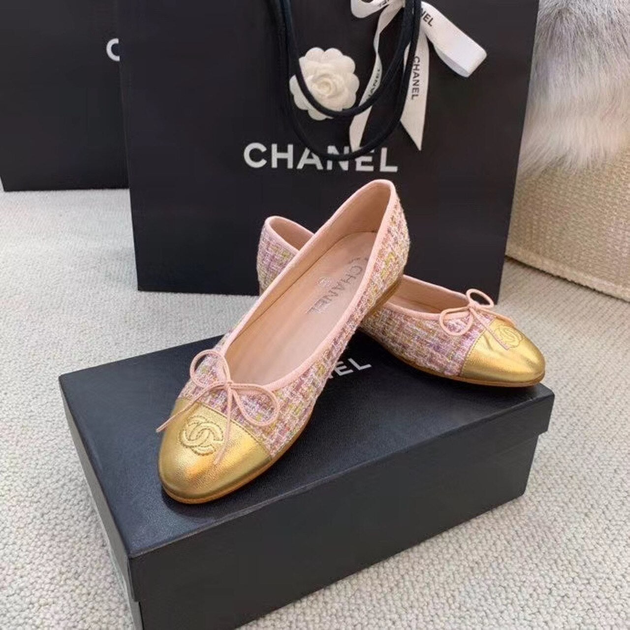 Chanel Ballerina Flats Tweed & Grosgrain Calfskin Leather Spring/Summer Collection Light Pink/Gold