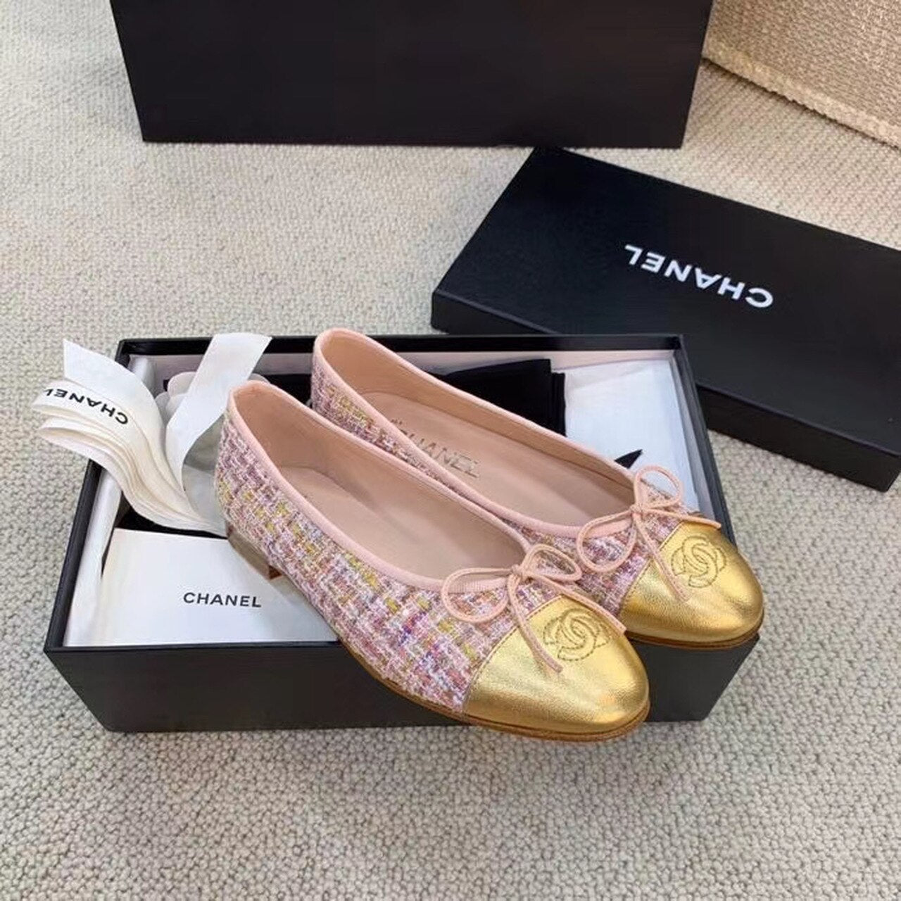 Chanel Ballerina Flats Tweed & Grosgrain Calfskin Leather Spring/Summer Collection Light Pink/Gold