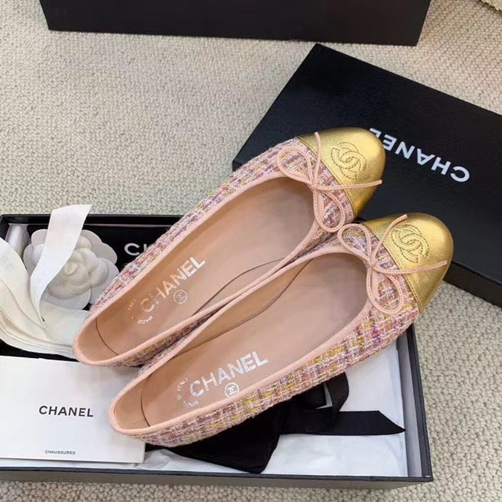 Chanel Ballerina Flats Tweed & Grosgrain Calfskin Leather Spring/Summer Collection Light Pink/Gold