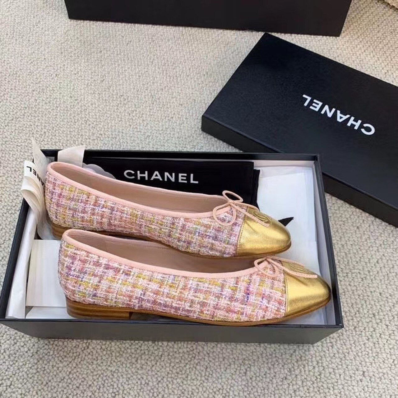 Chanel Ballerina Flats Tweed & Grosgrain Calfskin Leather Spring/Summer Collection Light Pink/Gold