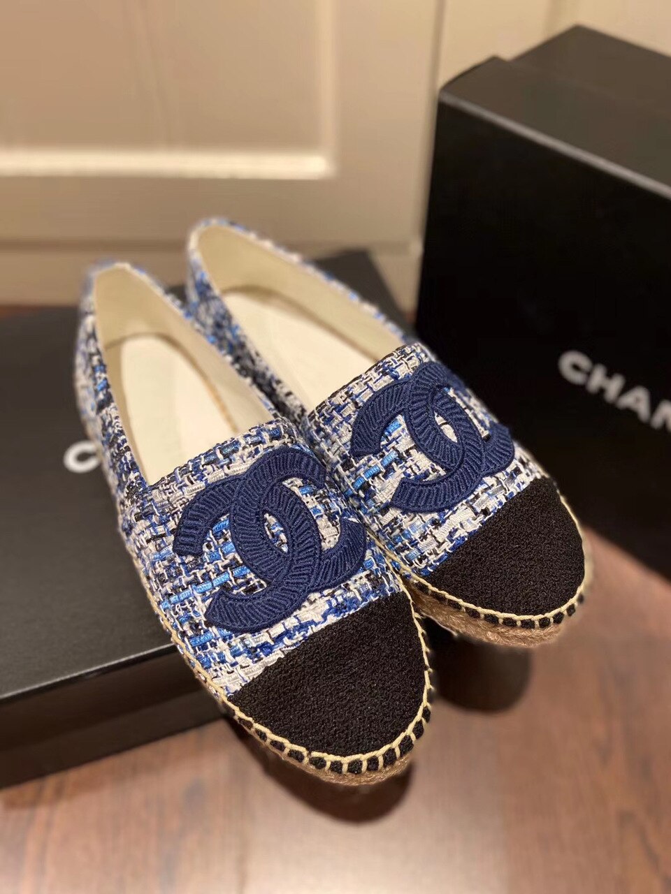 Chanel Tweed/Grosgrain Espadrilles Lambskin Leather Spring/Summer Collection Navy Blue/Black