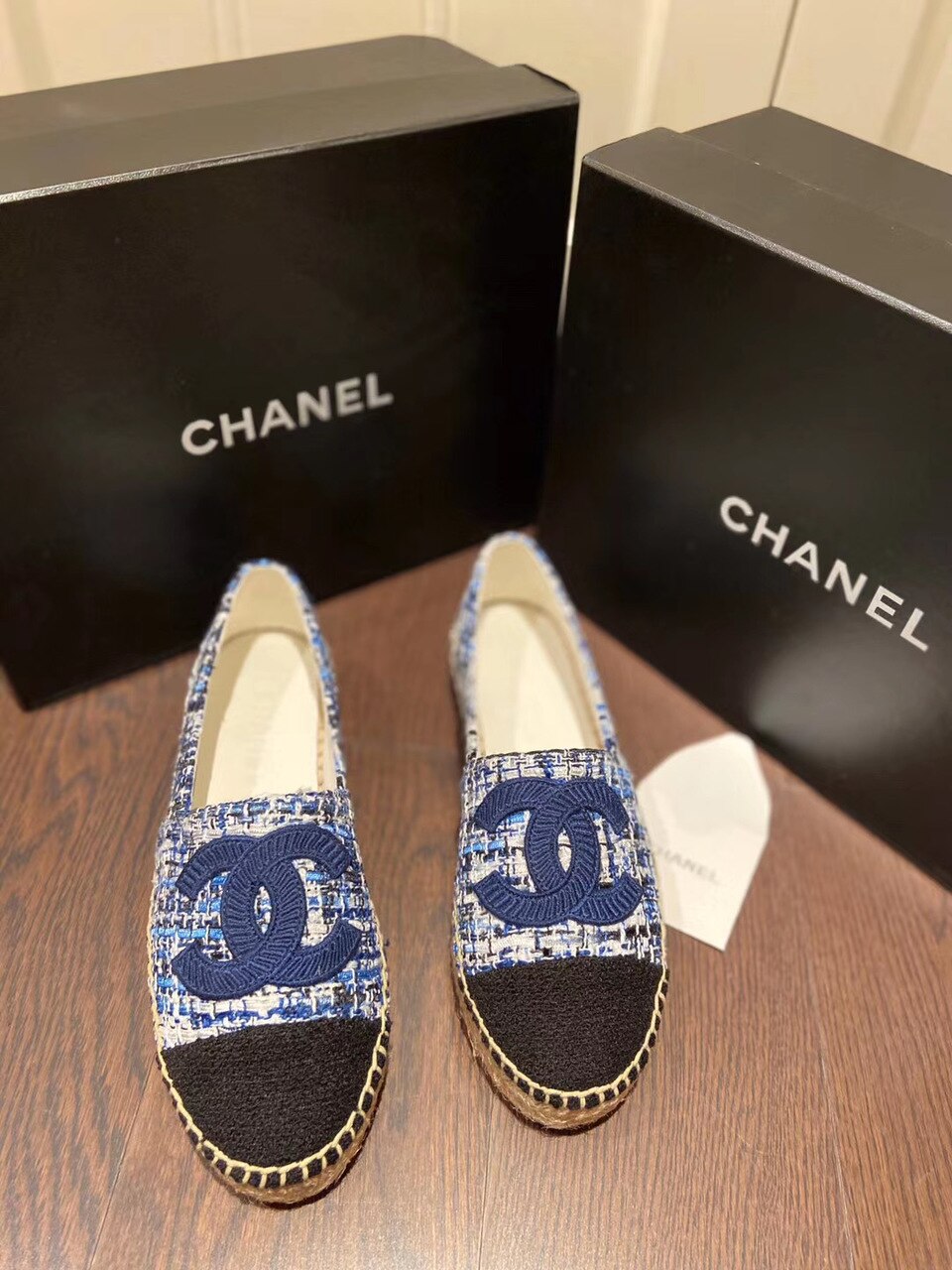 Chanel Tweed/Grosgrain Espadrilles Lambskin Leather Spring/Summer Collection Navy Blue/Black