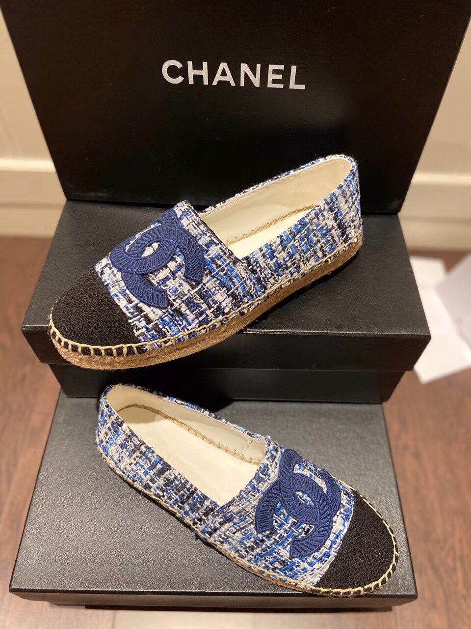 Chanel Tweed/Grosgrain Espadrilles Lambskin Leather Spring/Summer Collection Navy Blue/Black