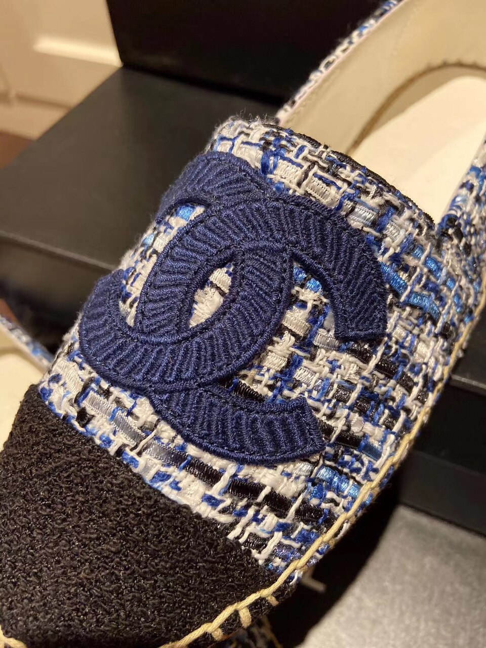 Chanel Tweed/Grosgrain Espadrilles Lambskin Leather Spring/Summer Collection Navy Blue/Black