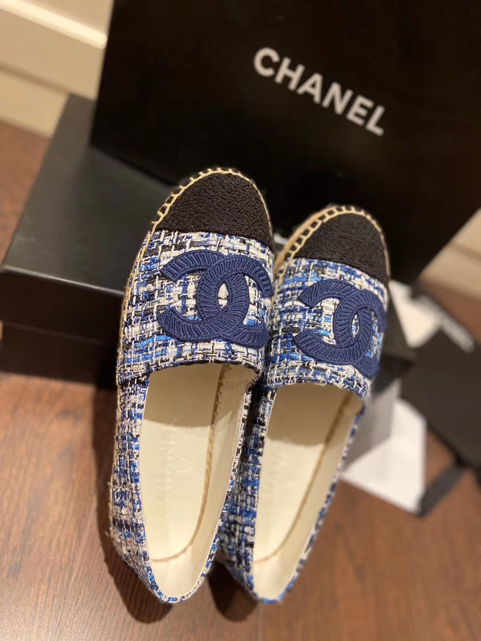 Chanel Tweed/Grosgrain Espadrilles Lambskin Leather Spring/Summer Collection Navy Blue/Black