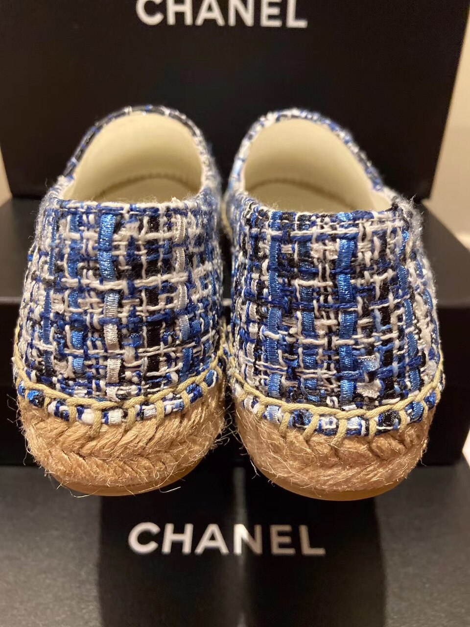 Chanel Tweed/Grosgrain Espadrilles Lambskin Leather Spring/Summer Collection Navy Blue/Black