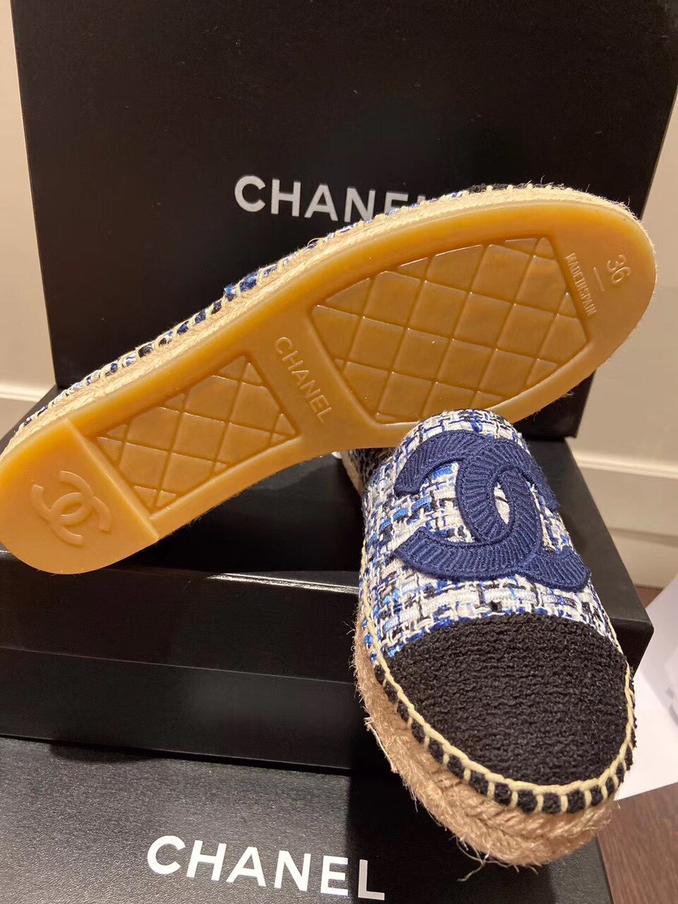 Chanel Tweed/Grosgrain Espadrilles Lambskin Leather Spring/Summer Collection Navy Blue/Black