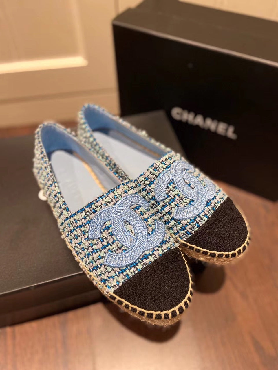 Chanel Tweed/Grosgrain Espadrilles Lambskin Leather Spring/Summer Collection Light Blue/Black