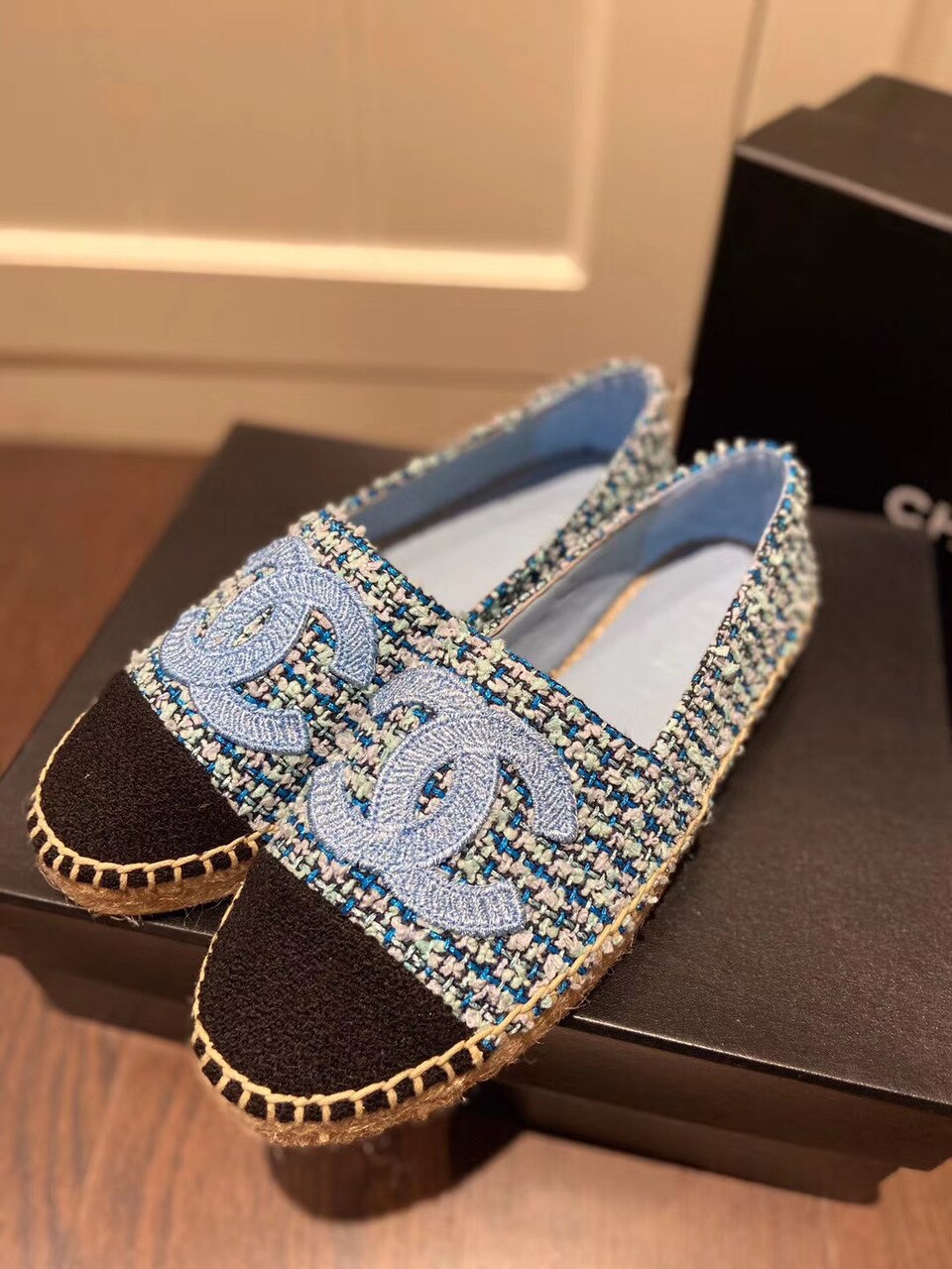 Chanel Tweed/Grosgrain Espadrilles Lambskin Leather Spring/Summer Collection Light Blue/Black