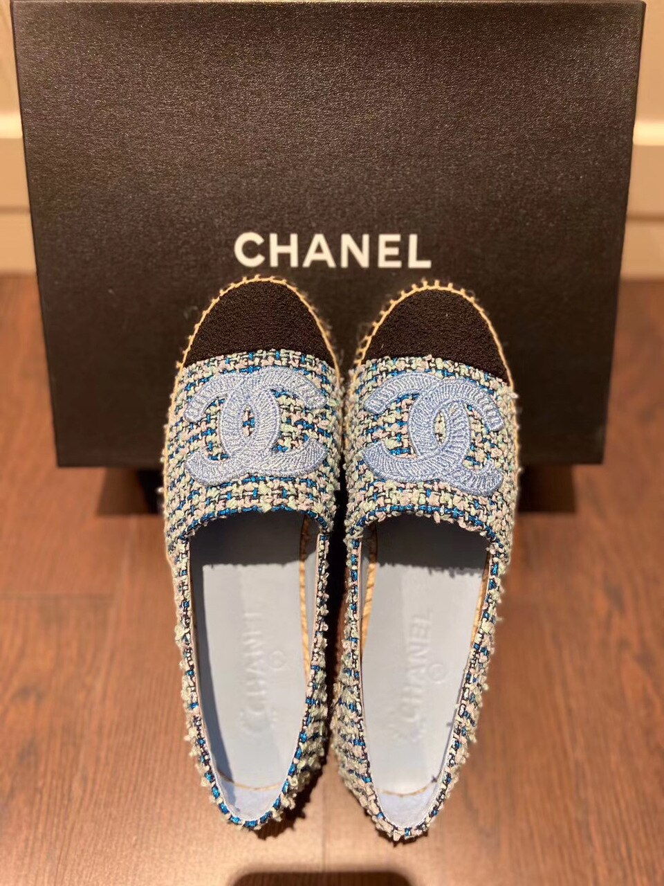 Chanel Tweed/Grosgrain Espadrilles Lambskin Leather Spring/Summer Collection Light Blue/Black