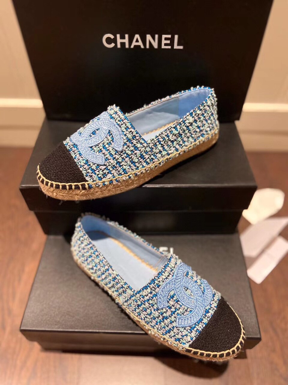 Chanel Tweed/Grosgrain Espadrilles Lambskin Leather Spring/Summer Collection Light Blue/Black