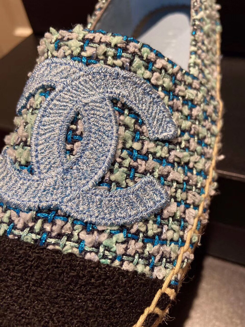 Chanel Tweed/Grosgrain Espadrilles Lambskin Leather Spring/Summer Collection Light Blue/Black