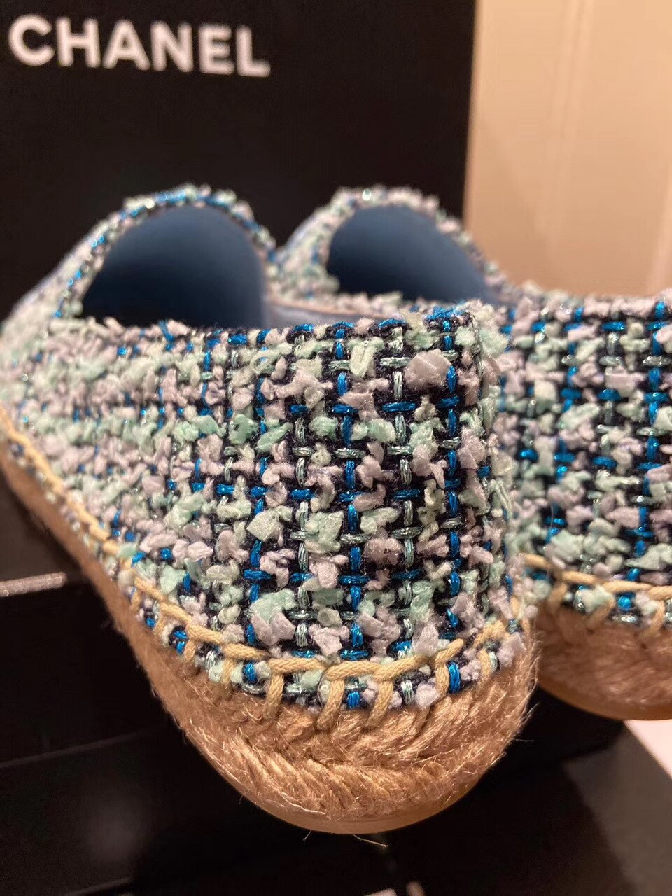 Chanel Tweed/Grosgrain Espadrilles Lambskin Leather Spring/Summer Collection Light Blue/Black
