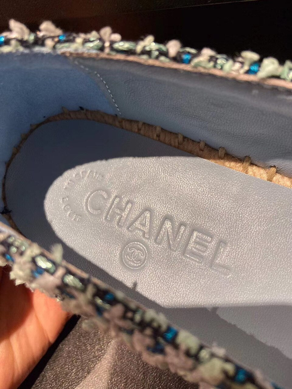 Chanel Tweed/Grosgrain Espadrilles Lambskin Leather Spring/Summer Collection Light Blue/Black