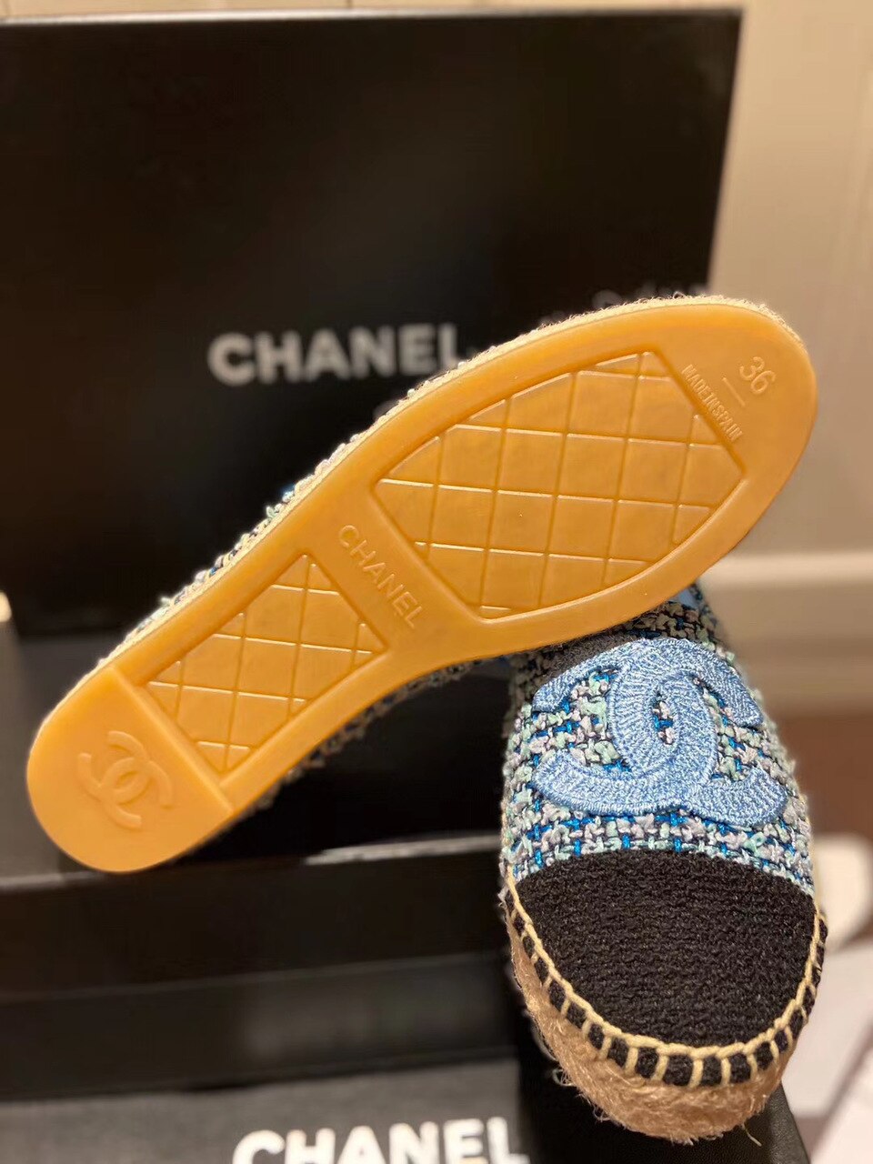 Chanel Tweed/Grosgrain Espadrilles Lambskin Leather Spring/Summer Collection Light Blue/Black