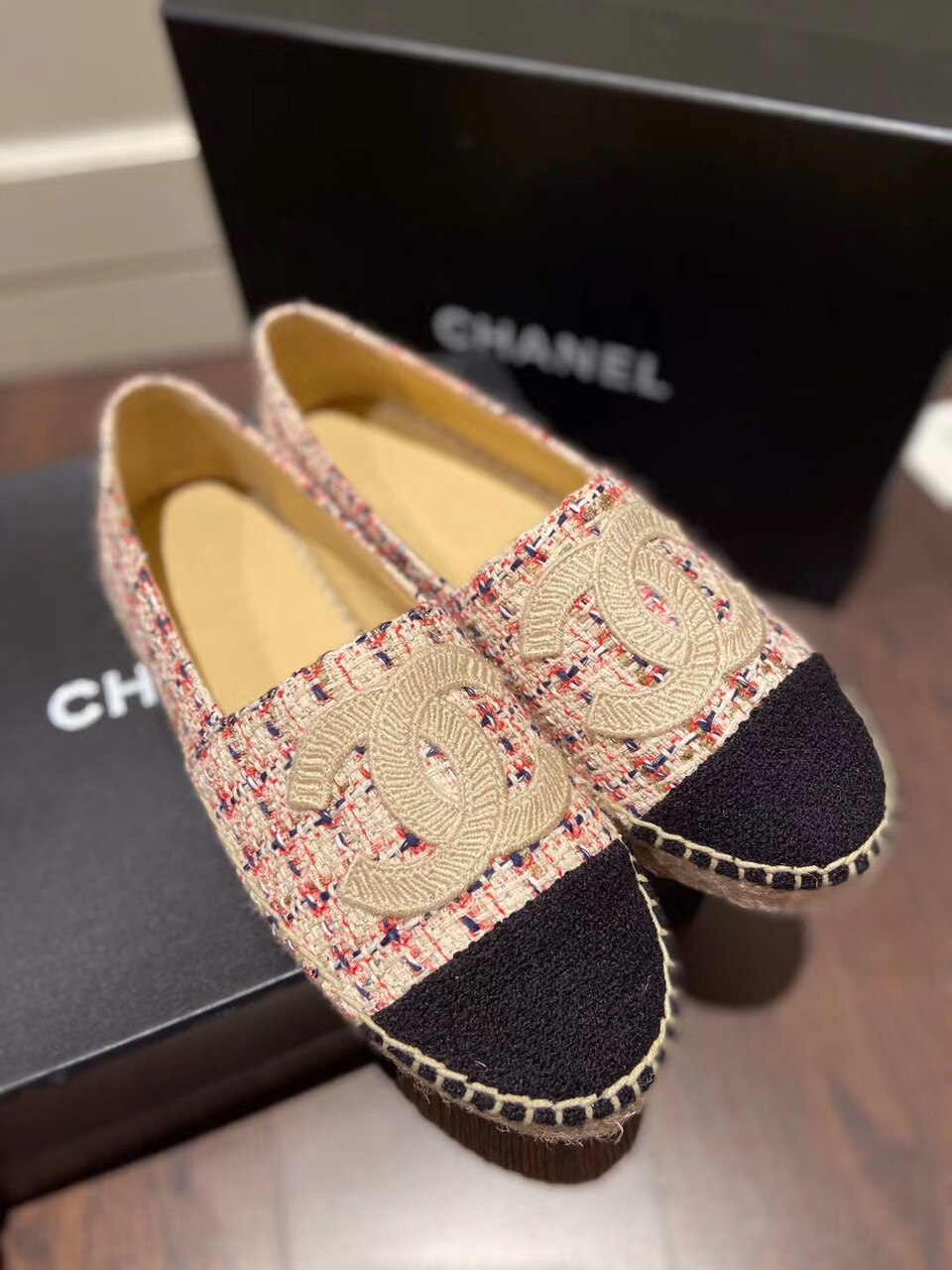 Chanel Tweed/Grosgrain Espadrilles Lambskin Leather Spring/Summer Collection Red/Black