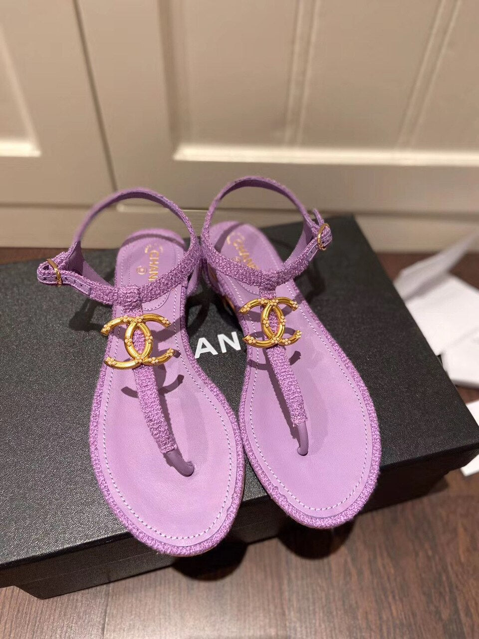Chanel Pearl CC Logo Thong Sandals Calfskin Leather Spring/Summer Act 2 Collection, Purple
