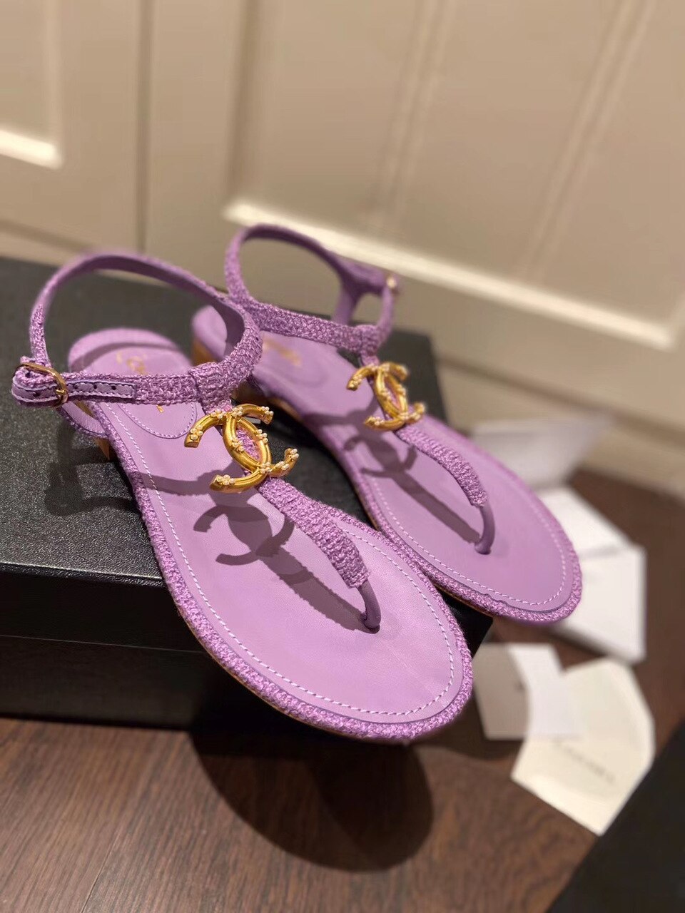 Chanel Pearl CC Logo Thong Sandals Calfskin Leather Spring/Summer Act 2 Collection, Purple