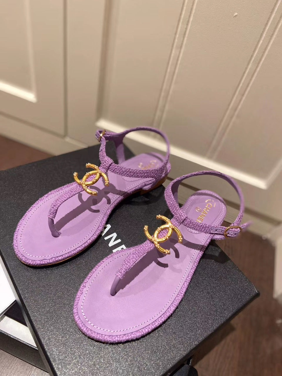 Chanel Pearl CC Logo Thong Sandals Calfskin Leather Spring/Summer Act 2 Collection, Purple