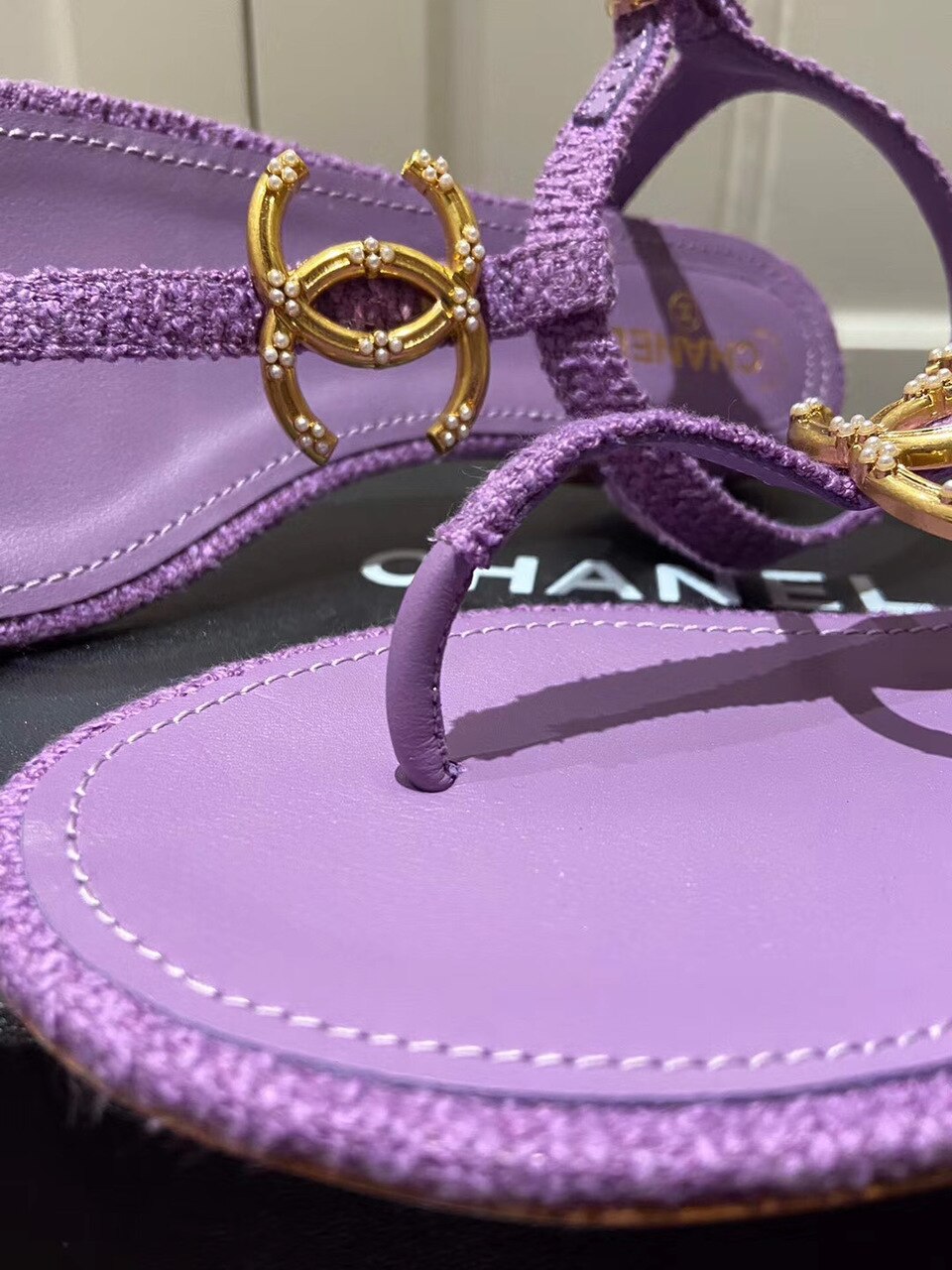 Chanel Pearl CC Logo Thong Sandals Calfskin Leather Spring/Summer Act 2 Collection, Purple