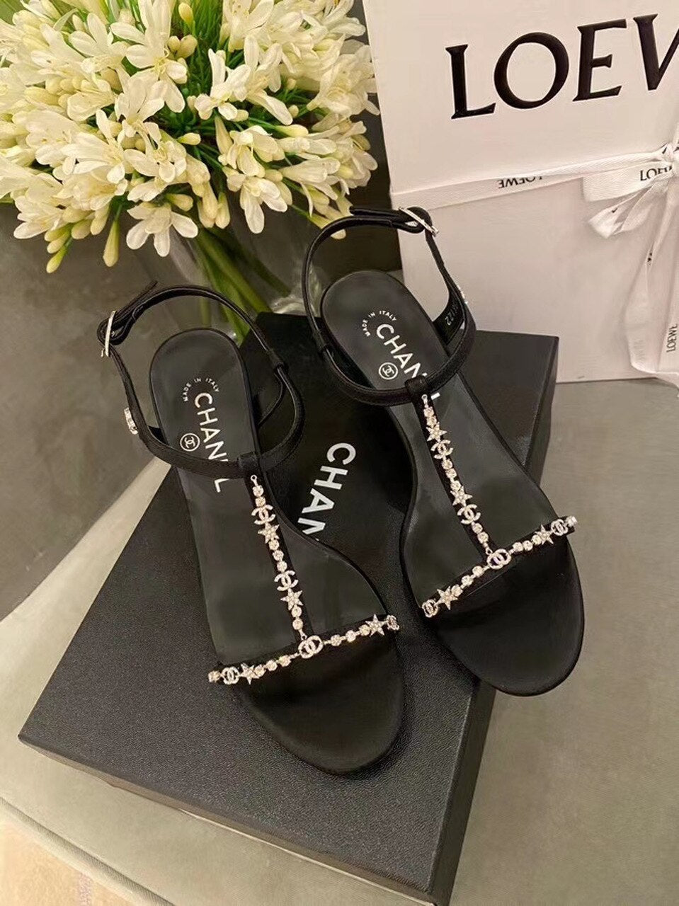 Chanel Star Crystal Open Toe Heel Sandals Calfskin Leather Spring/Summer Act 2 Collection Black