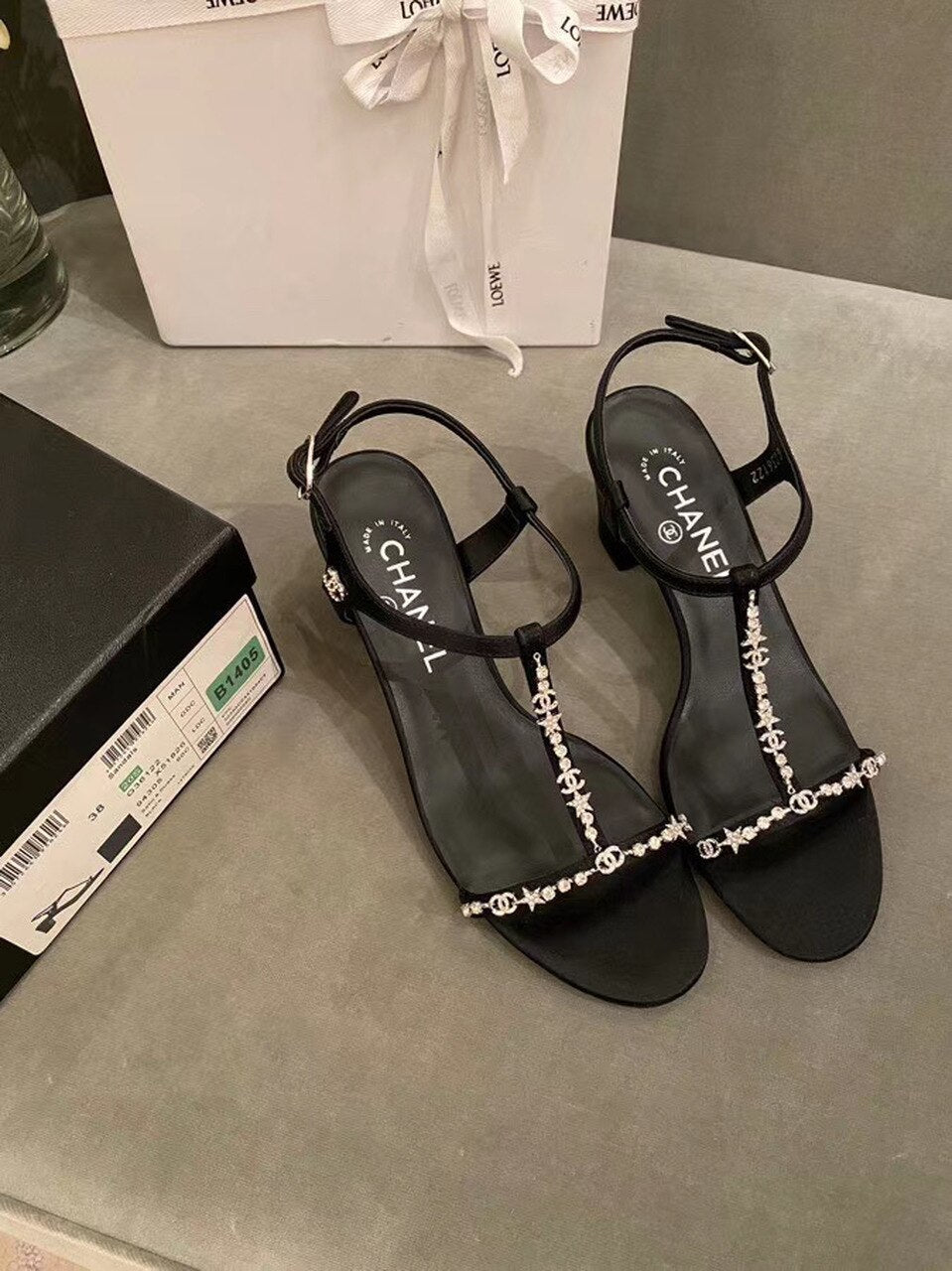 Chanel Star Crystal Open Toe Heel Sandals Calfskin Leather Spring/Summer Act 2 Collection Black