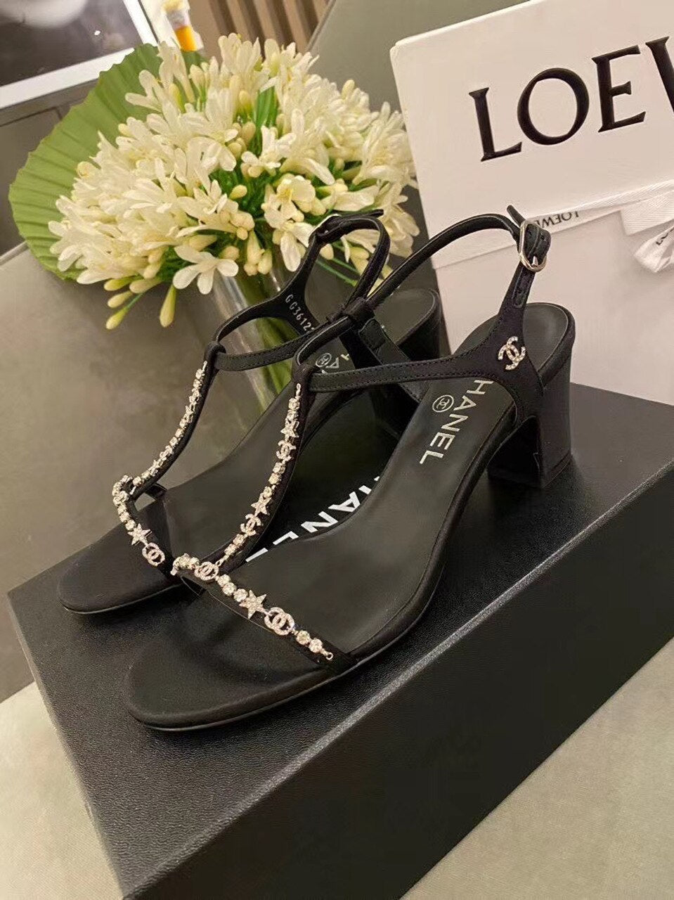 Chanel Star Crystal Open Toe Heel Sandals Calfskin Leather Spring/Summer Act 2 Collection Black